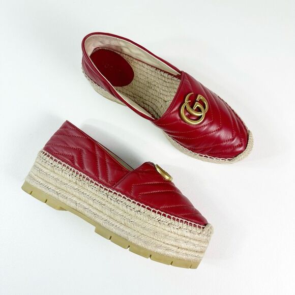 GUCCI Red Marmont Platform Espadrille 37 US 7 Matelasse Leather Quilted Flat - Picture 12 of 13